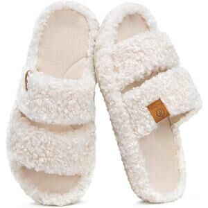 New EverFoams Womens Size 7/8 White Fuzzy Open Toe Memory Foam House Slippers